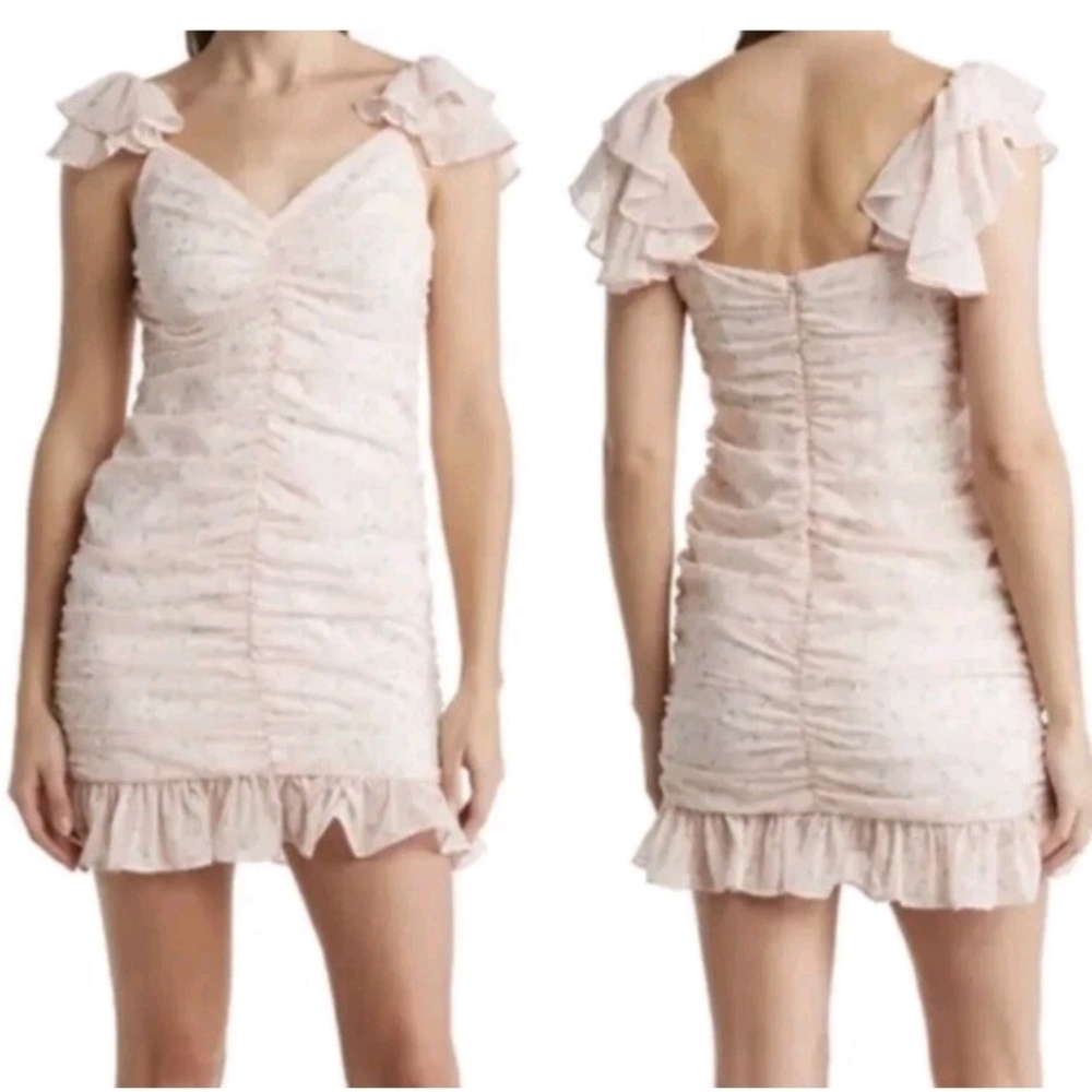 Elodie Shirred Floral Print Mini Dress Pink Fitted Ruched Size Medium.